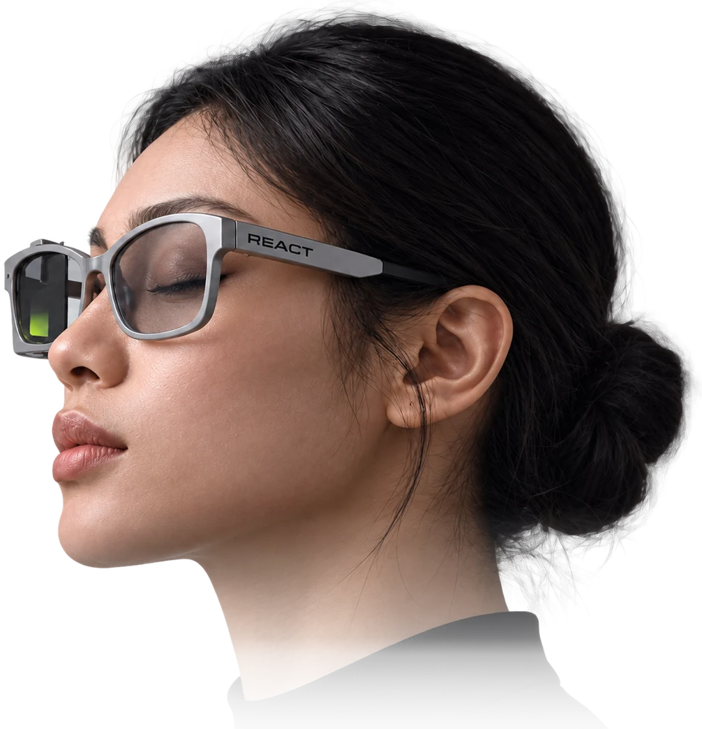 Woman wearing REACT cognitive smart glasses, seen in profile